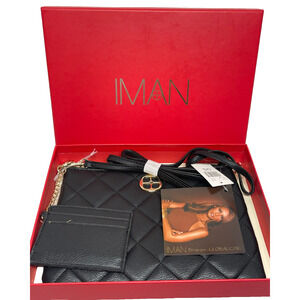 IMAN Global Chic HSN Crossbody Wristlet & Card Case Faux Leather Quilted Black